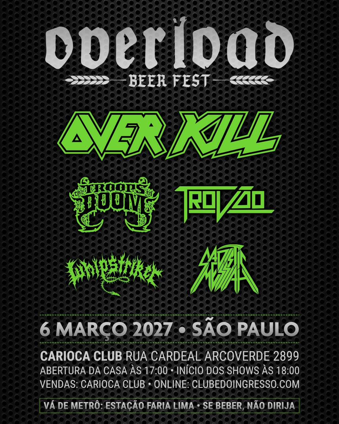 Overload Beer Fest 2027 confirma Overkill e quatro bandas brasileiras em São Paulo